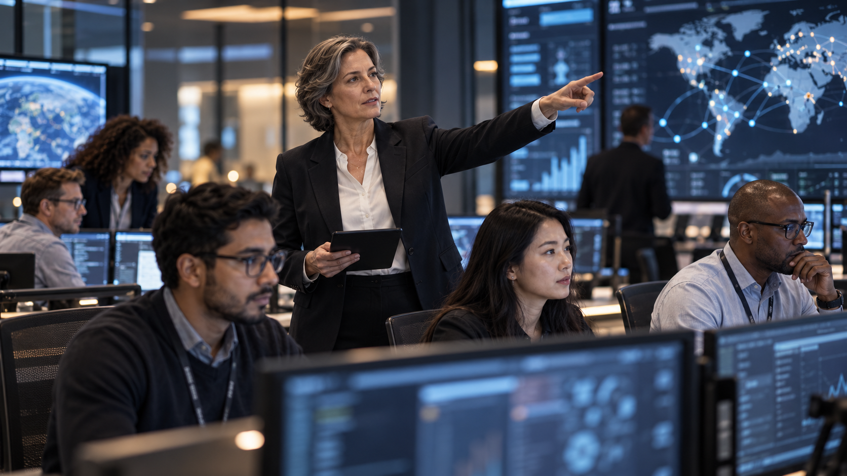 Operations leader coordinating specialists in a sophisticated enterprise control centre