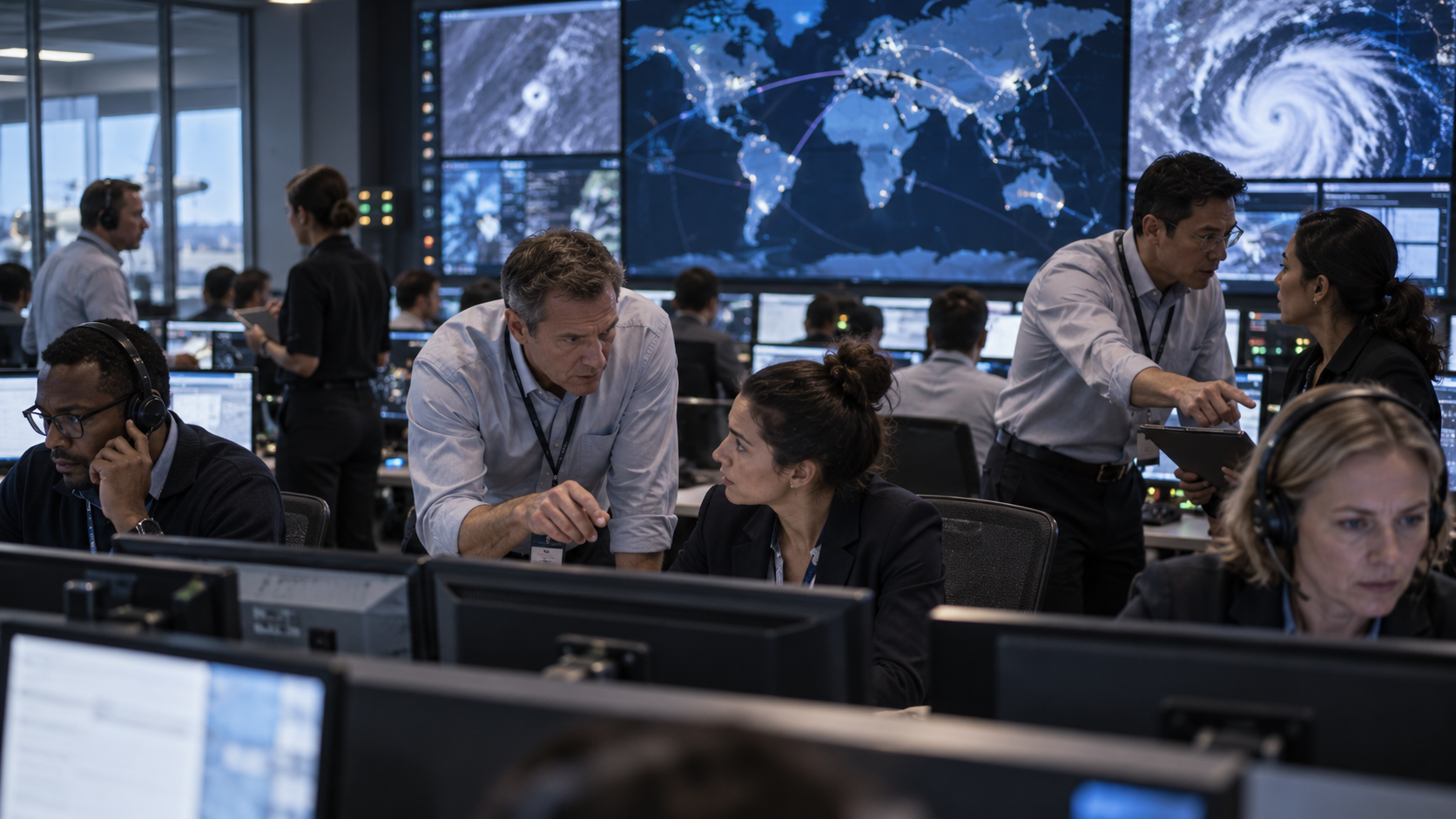 Operations specialists coordinating multiple information streams in a global command centre