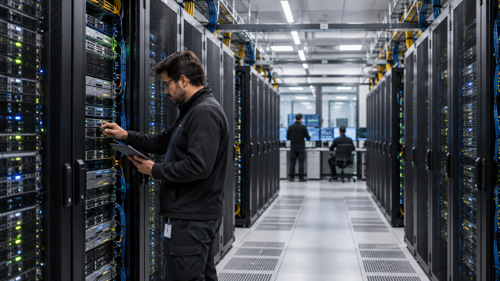 Engineer inspecting redundant infrastructure in a modern enterprise data centre