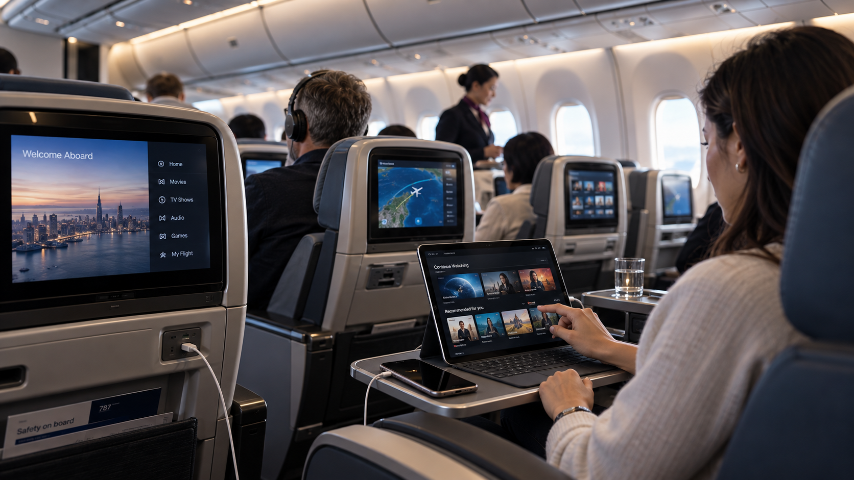 Aircraft cabin showing embedded cabin infrastructure alongside passenger-owned digital devices.