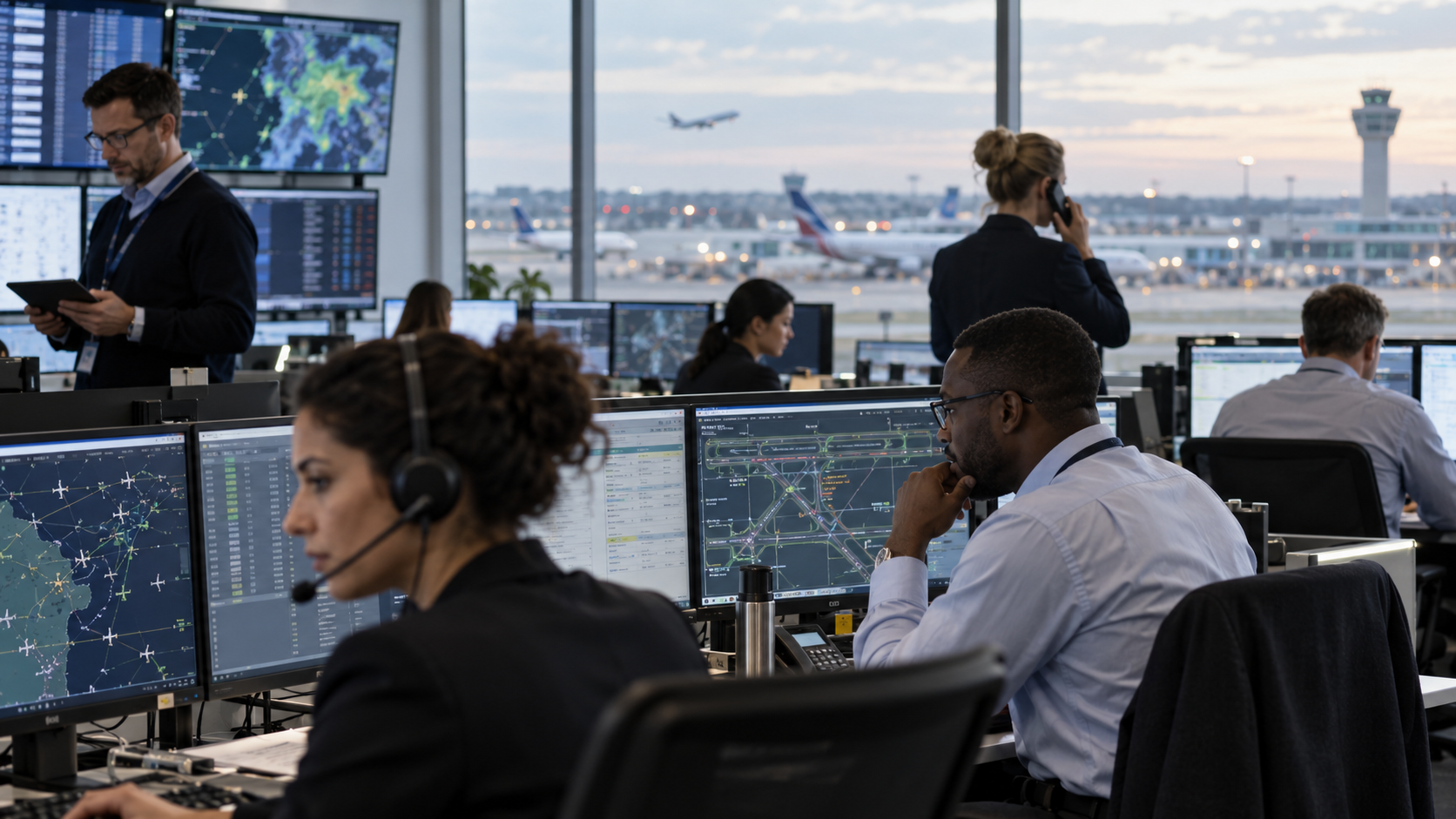 Specialists independently managing different functions inside an airport operations centre.